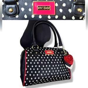 Betsey Johnson Black and White Polka Dot Satchel with Heart Charm Keychain